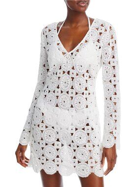AQUA Women's Swim Crochet Cover Up Dress White Size XS 5441